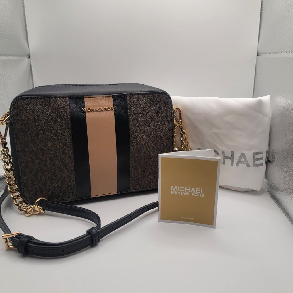 NWT $198 MICHAEL KORS Jet Set Medium Logo Stripe Crossbody Bag NWT and Dust Bag